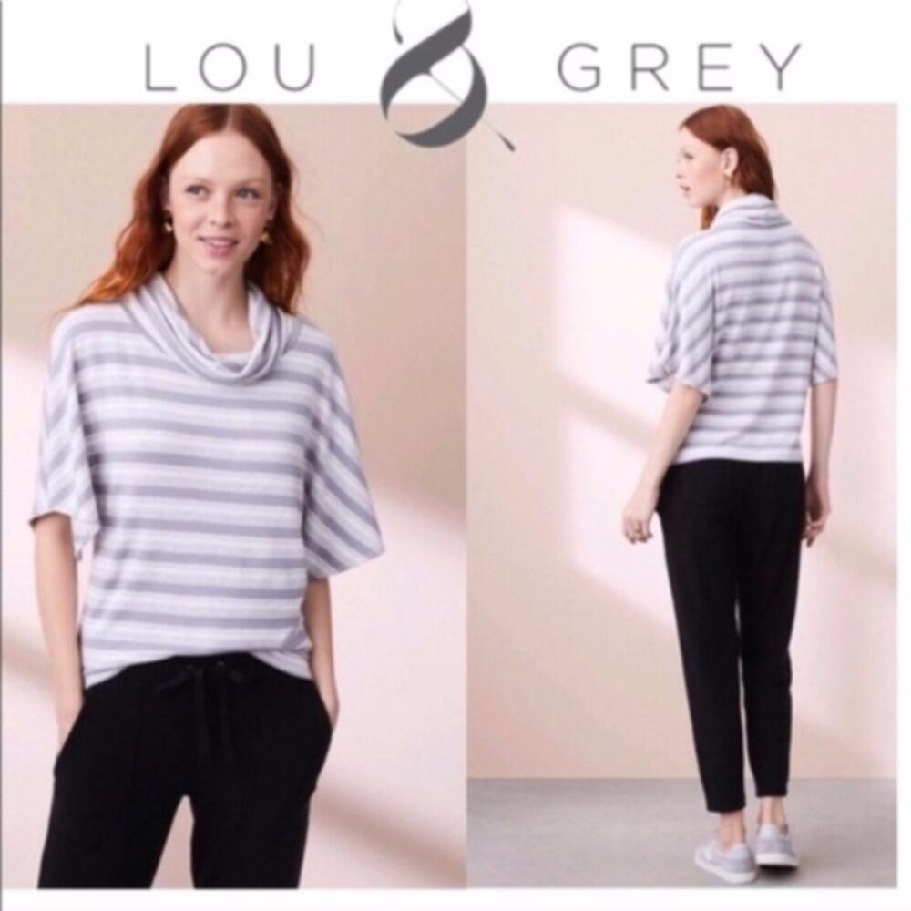 Lou & Grey Cowl Neck Top Womens Size M Grey‎ White Striped Dolman Sleeve